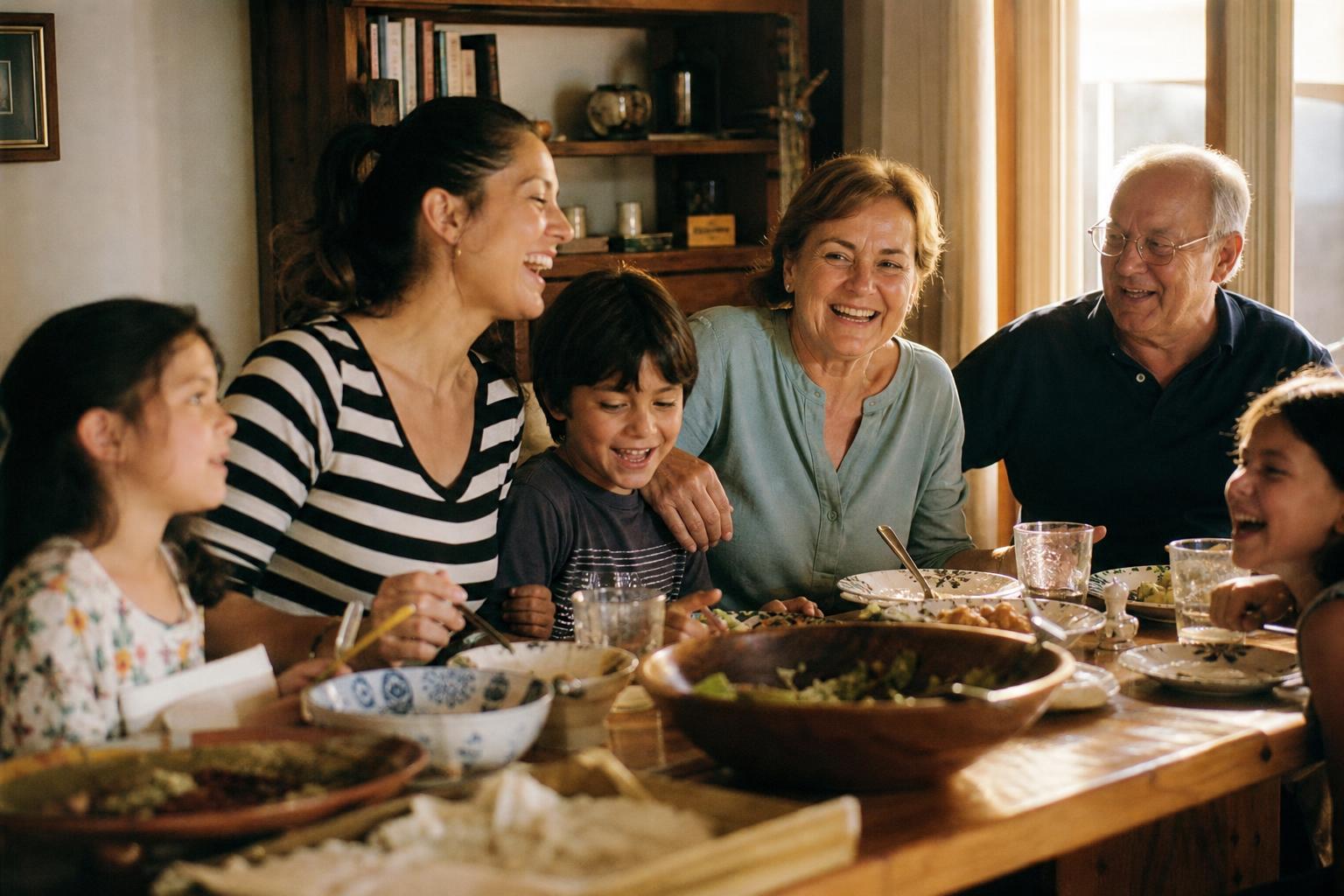 Three generations at a dinner table