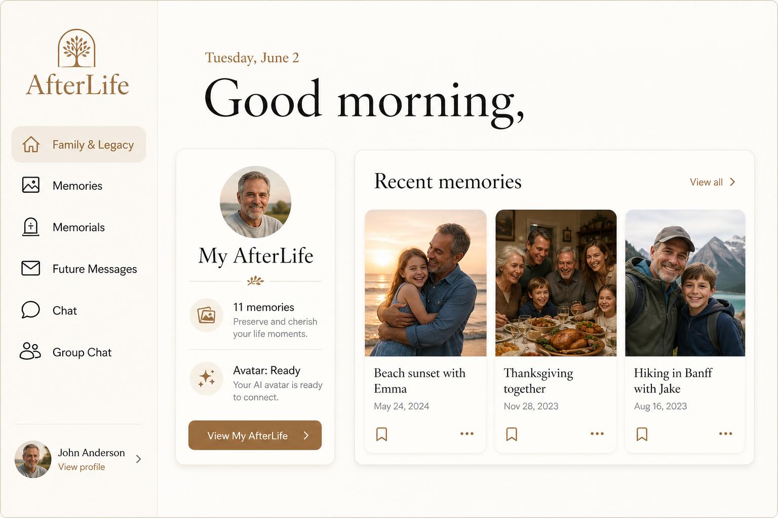 AfterLife dashboard showing memories, avatar status, and recent moments